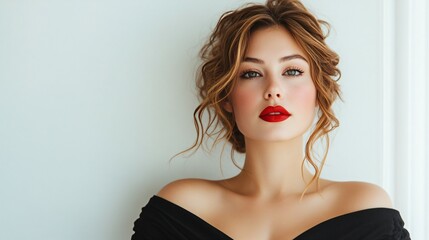 Beautiful curvy girl wearing a black dress and red lips isolated on a white background