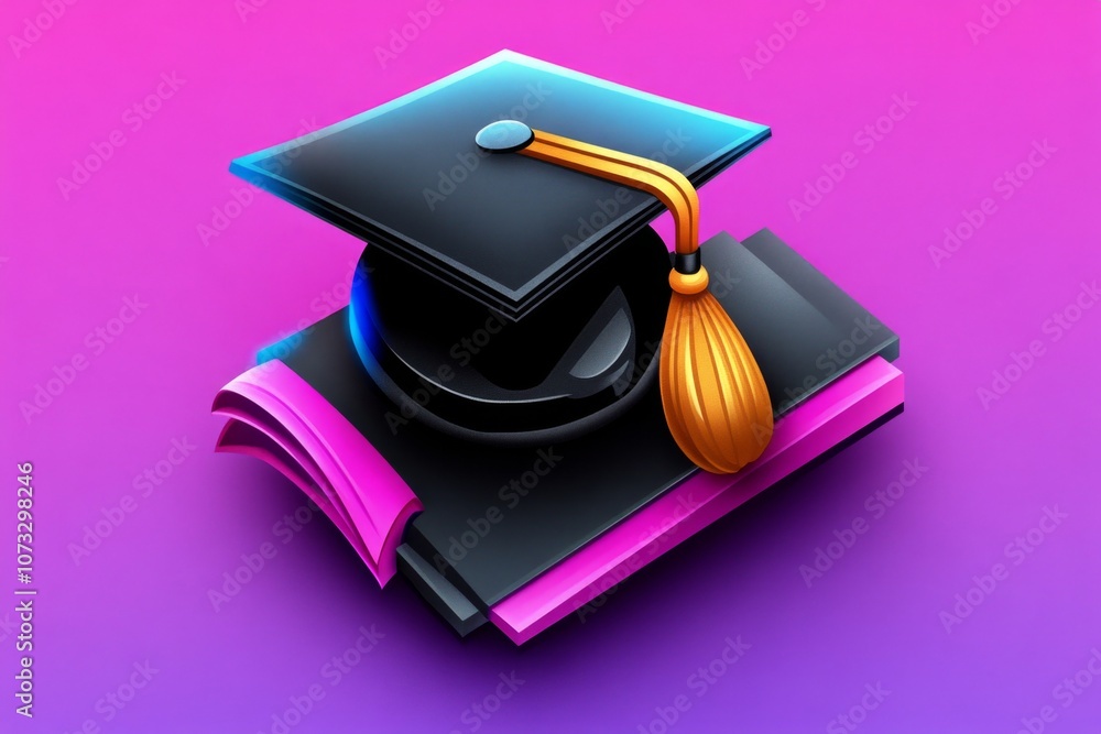 Poster pixel art of a graduation cap and diploma, with vibrant 8-bit colors and simple retro design