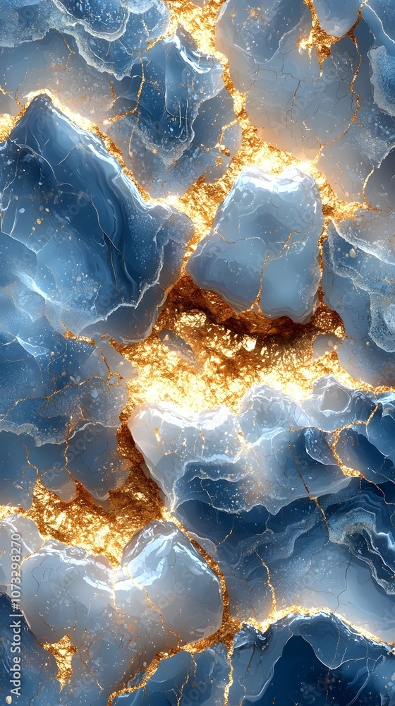 Poster an abstract close-up of a textured blue and gold surface, featuring organic shapes and intricate pat