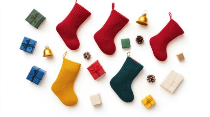 Christmas flat lay with stockings, mini presents, and bells, isolated on white background