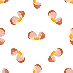 Seamless pattern of cracked open brown eggs revealing yolk and albumen, perfect for breakfast, easter, or cooking themes