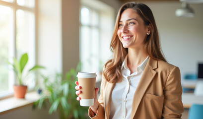 A beautiful girl in the office is smiling with a cup of coffee in her hands