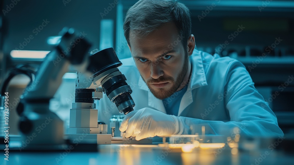 Poster scientist looking through microscope. this photo can be used for projects related to science, techno