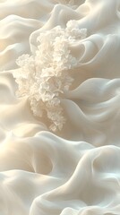 Fototapeta premium An ethereal, soft-textured composition featuring delicate white floral elements amid flowing cream-colored waves, creating a serene and tranquil atmosphere.