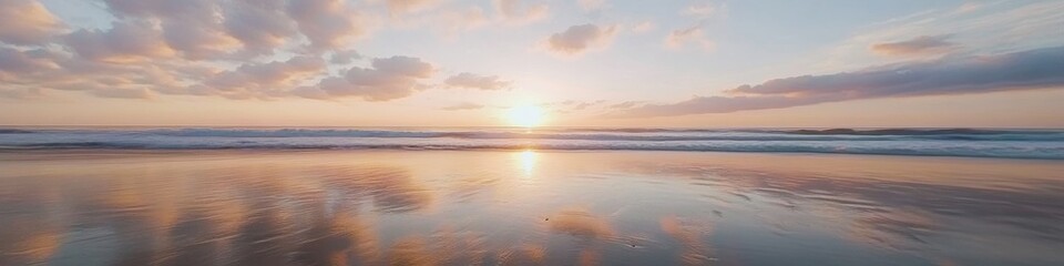 Naklejka premium majestic beach sunrise, gentle wave patterns, pastel colored clouds, reflective wet sand, peaceful ocean view, morning sunburst, smooth water motion, cinematic coastal photography, ethereal lighting