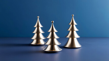 Elegant metallic mini Christmas trees on a blue minimalist background for design, Christmas cards and invitations