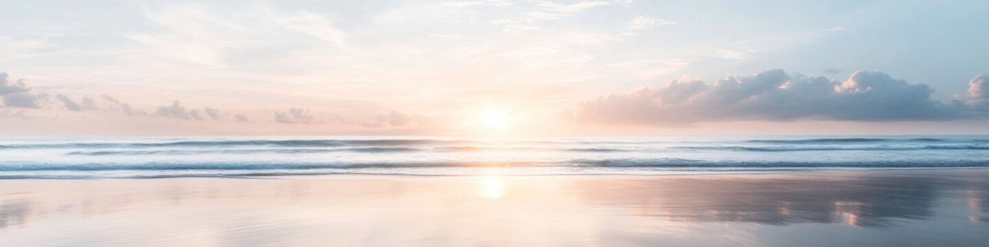majestic beach sunrise, gentle wave patterns, pastel colored clouds, reflective wet sand, peaceful ocean view, morning sunburst, smooth water motion, cinematic coastal photography, ethereal lighting
