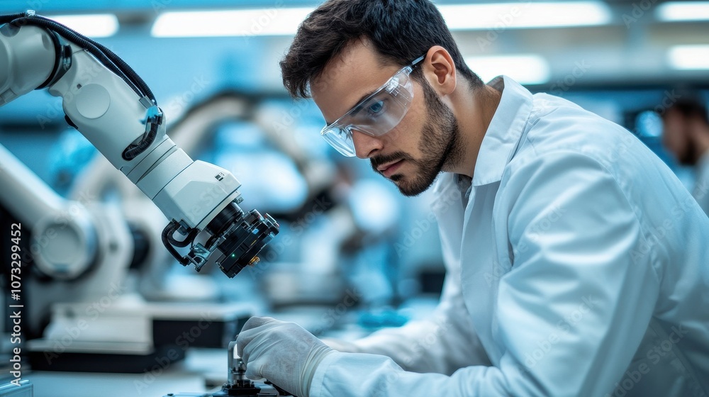 Poster a man in a lab coat works with a robotic arm. this photo illustrates the use of robotics in modern m