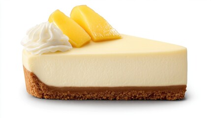A delicious slice of cheesecake topped with whipped cream and fresh mango slices, resting on a graham cracker crust.