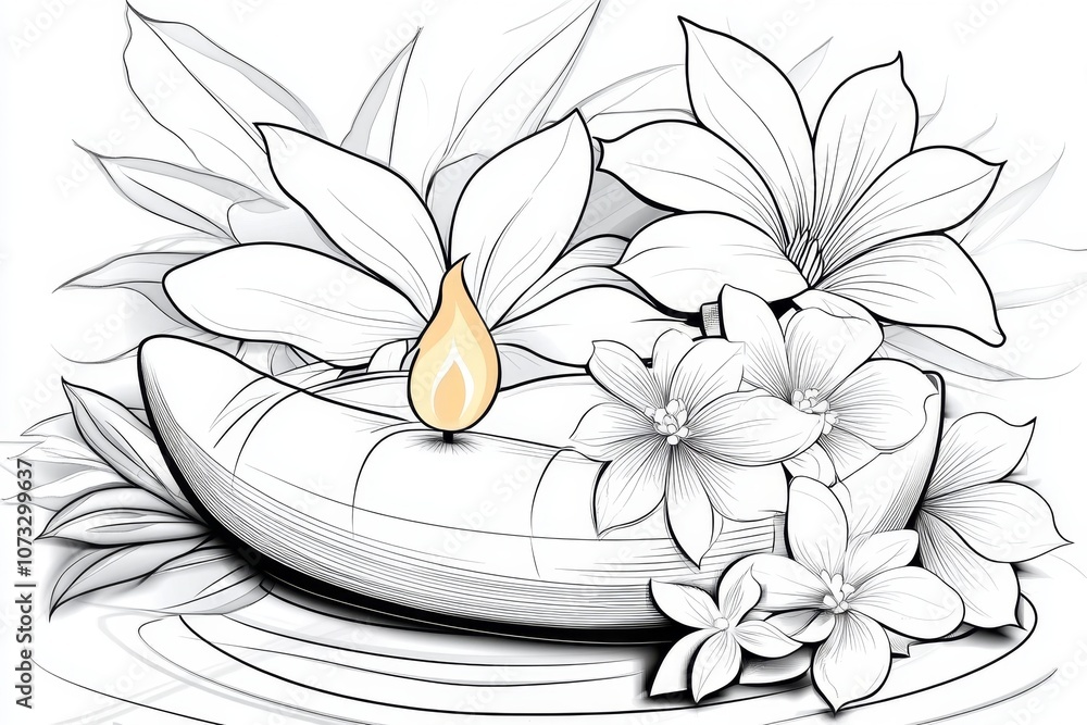 Poster single line drawing of a krathong with a small flame and a few flowers, in a simple, elegant style