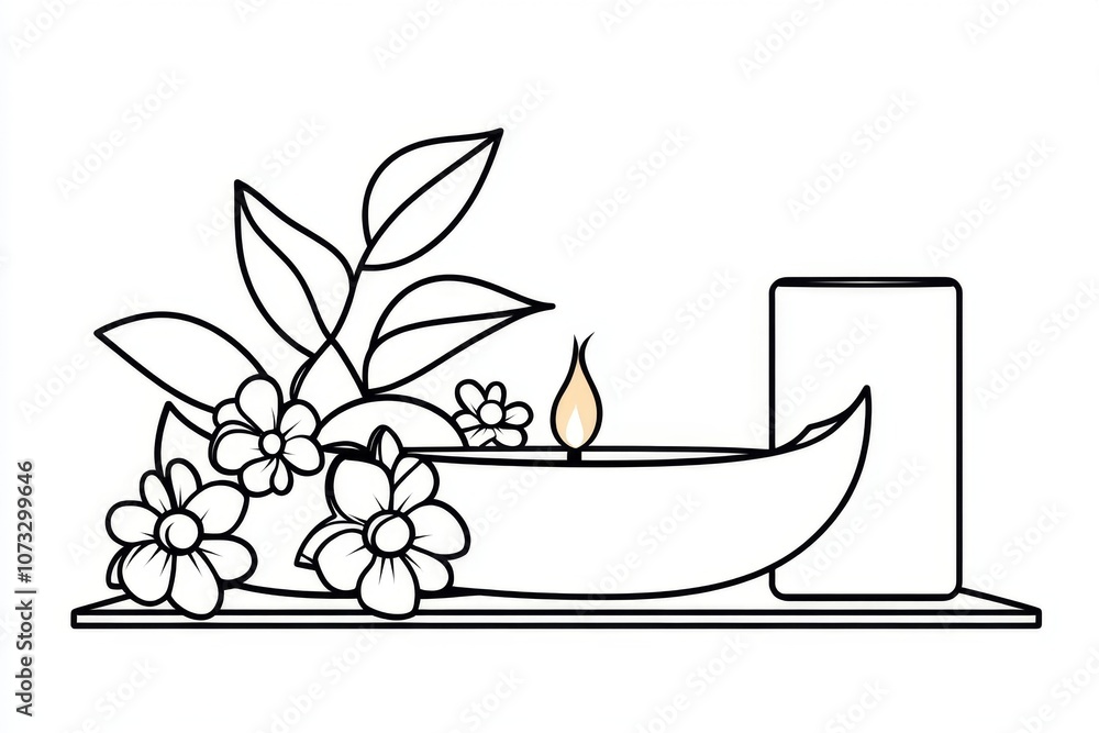 Poster single line drawing of a krathong with a small flame and a few flowers, in a simple, elegant style