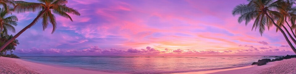 Obraz premium paradise beach vista, cotton candy sky, tall palm silhouettes, glowing horizon sun, smooth beach reflections, purple sunset clouds, romantic tropical setting, professional beach photography