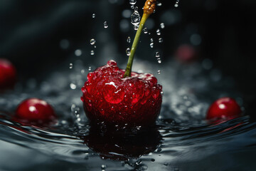 Close-up of a vibrant red cherry with water droplets on a dark, reflective surface, creating a fresh and enticing visual mood.