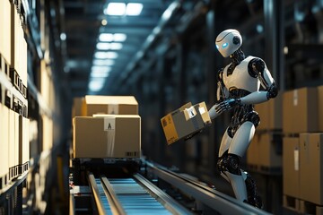 Robots assembling packages in a modern warehouse during daytime operations in a high-tech logistics facility