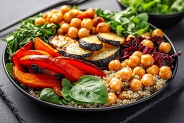 Vegetarian Buddha bowl with quinoa, roasted vegetables, chickpeas, and leafy greens