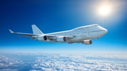 Obraz premium A large white airplane is flying through a clear blue sky