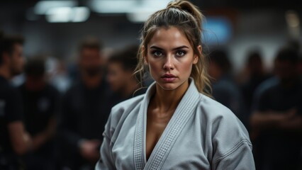 Martial artist in dojo at workout. Woman dedication to fight sport. Consistency and commitment at training courses concept.