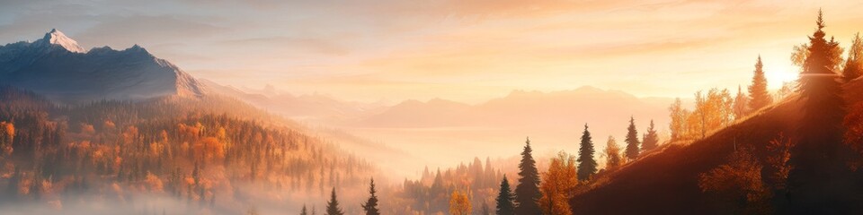Fototapeta premium vast boreal landscape, golden hour sunbeams, rolling hills, autumn foliage, coniferous treeline, misty peaks, panoramic vista