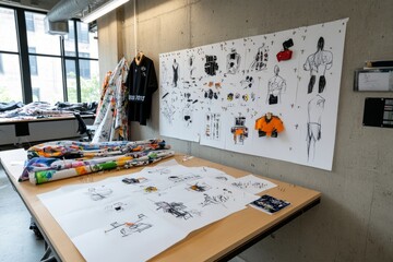 Workspace of a fashion designer with sketches pinned to a wall, fabrics draped over a table, and pins