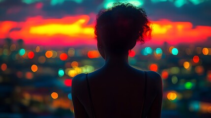 Professional woman celebrating a goal reached, overlooking a city skyline, embodying confidence and triumph