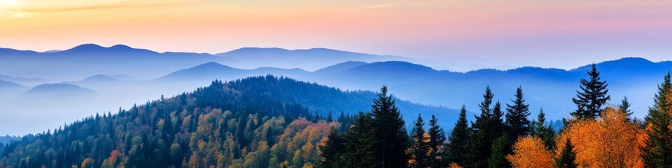 Obraz premium northern frontier vista, dusk illumination, mosaic of fall colors, spruce tree skyline, undulating topography, atmospheric haze, high-resolution photograph