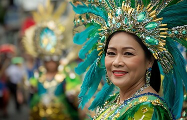 Fototapeta premium A Black woman in a green and blue carnival costume