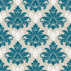Blue-green damask pattern on beige background,floral vector traditional ornament with oriental elements for graphic design, interior design,fabric printing.