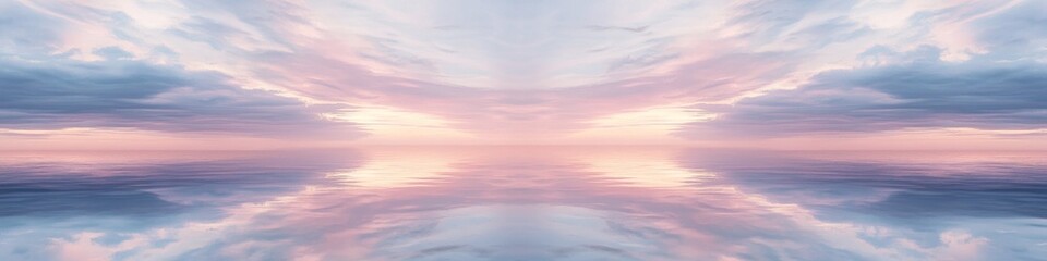 Fototapeta premium ethereal twilight scene, perfectly symmetrical reflection, vast open water, intricate cloud formations, muted palette, atmospheric perspective, ultra-wide composition