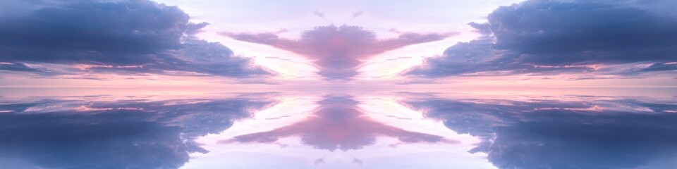 ethereal twilight scene, perfectly symmetrical reflection, vast open water, intricate cloud formations, muted palette, atmospheric perspective, ultra-wide composition
