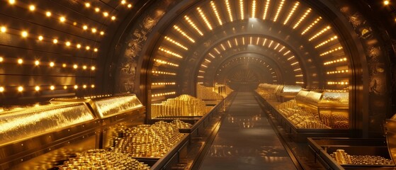 An underground tunnel with golden walls and floor, filled with varied gold bars on shelves. Some...