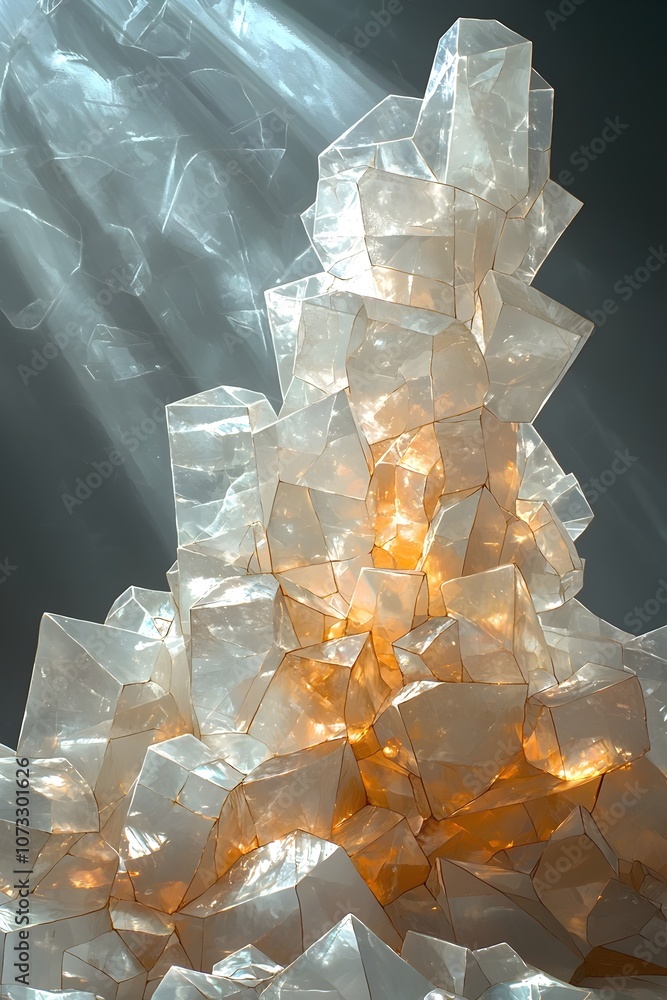 Poster a stunning arrangement of translucent, crystalline shapes illuminated from within, creating a serene
