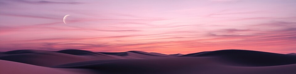 ethereal desert nightfall, sweeping crimson dunes, thin crescent moon, stratified sunset hues, vast arid landscape, photorealistic rendering