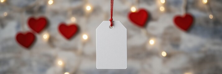 A tag hangs from a string with a red heart on it. The tag is white and empty, while the heart is red. Concept of love and warmth, as the tag and heart are both symbols of affection and care