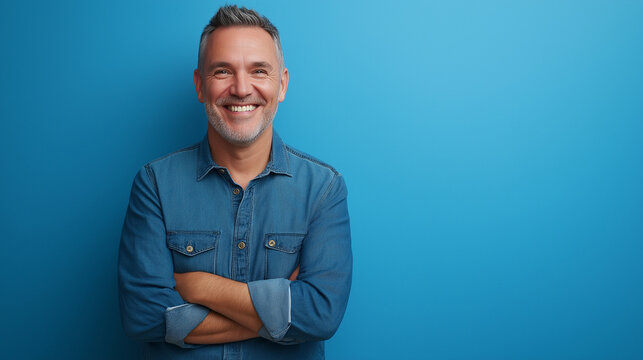 A happy, middle-aged man with a warm smile, standing confidently against a solid blue background. His relaxed expression and casual attire convey a sense of contentment and positivity