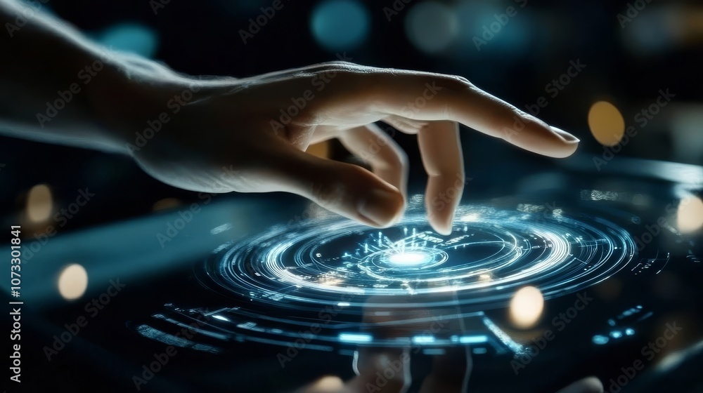 Poster a hand engaging with a digital interface representing the future of technology.