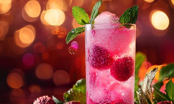 Fresh cool lychee mojito with lychees colorful lights in the background