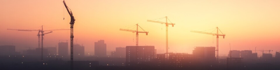 metropolitan development at golden hour, crane-dotted horizon, rich gradient sky, partially built structures, twinkling site lights, cinematic urban vista
