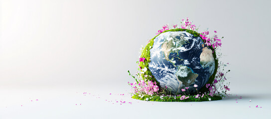 Earth in Bloom: Vibrant Floral Growth Around Our Planet, nature's Embrace: Earth Surrounded by Flowers and Moss, Eco-Friendly Concept: Earth with Lush Floral Scenery.