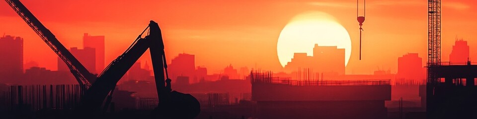 Fototapeta premium twilight urban growth, silhouetted construction equipment, radiant sunset backdrop, emerging cityscape, scattered bright work beacons, atmospheric photography