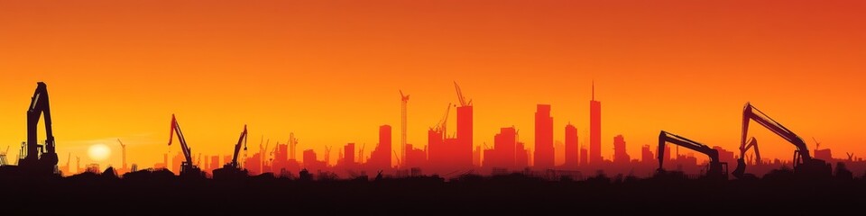twilight urban growth, silhouetted construction equipment, radiant sunset backdrop, emerging cityscape, scattered bright work beacons, atmospheric photography