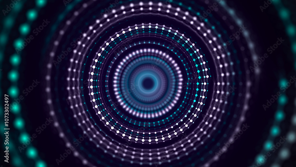 Poster cyber tunnel consisting of moving glowing points. futuristic infinite space background. concept of d