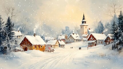 Fototapeta premium Christmas. new year card illustration winter landscape small houses in the snow, postcard winter view abstract small town or village