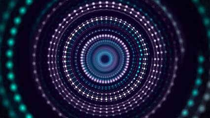 Cyber tunnel consisting of moving glowing points. Futuristic infinite space background. Concept of data transfer in cyberspace. Hi-tech illustration. 3d rendering.