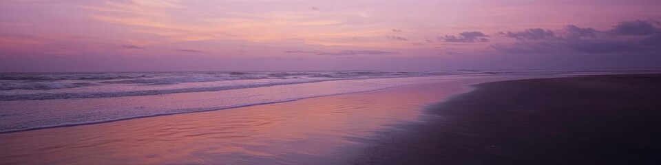 serene coastal landscape, barefoot impressions in brown beach sand, mystical dusk sky with scattered clouds, peaceful seashore, gentle waves meeting sand, vibrant orange and purple horizon,