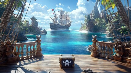 Fototapeta premium Adventure awaits as the pirate ship sails towards the alluring shores of the island.