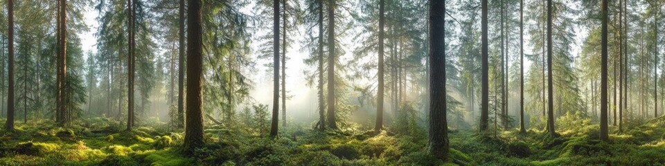 towering evergreen pine trees in sunlit scandinavian forest, vibrant green undergrowth, golden sunbeams piercing through branches, moss covered forest floor, panoramic nature photography, morning