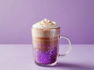 Cup of latte coffee in lilac tones with multi-colored glitter, coffee saucer on the table
