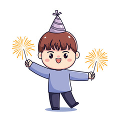 Cute cartoon boy celebrating new year or birthday party chibi kawaii