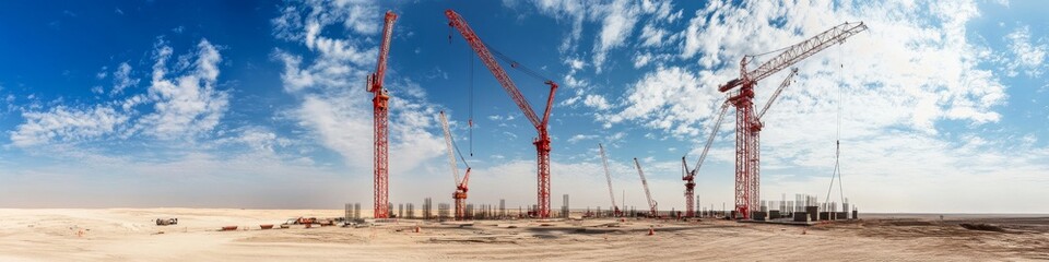 large scale construction site, harmonious arrangement of tower cranes, expansive desert plain, dynamic cloud patterns, natural daylight, industrial documentary photography, panoramic format, high