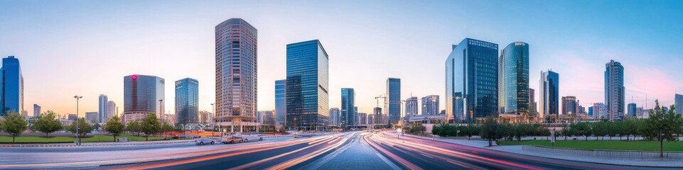 Fototapeta premium urban downtown panorama, towering modern business district, wide multi-lane road, streaming traffic flow, contemporary street lighting, green urban landscaping, dramatic architectural photography